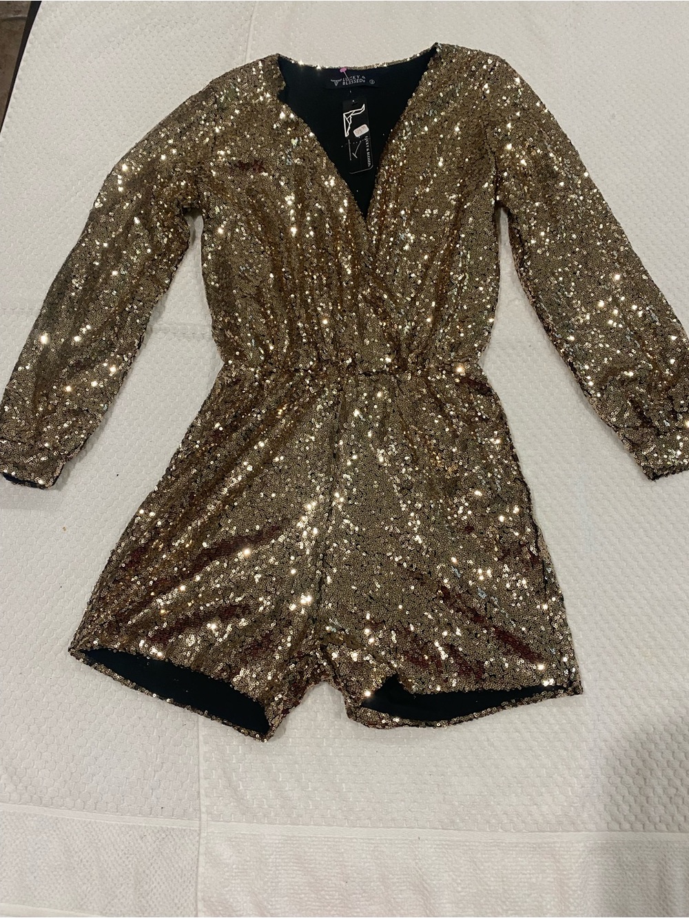 LUCKY & BLESSED Women’s Gold Sequin One-Piece Romper